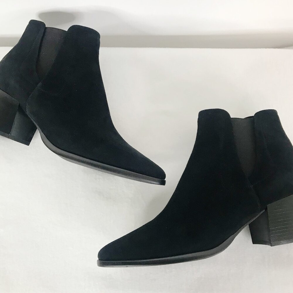 Van Eli Ankle Boots Booties 9.5 M Black Suede Block Heel Pointed Toe Side Zip